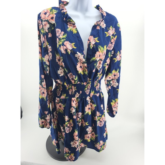 205 Collins Dresses & Skirts - 205 Collins Womens XL Navy Blue Floral Smocked Waist‎ Ruffle Neck Mini Dress